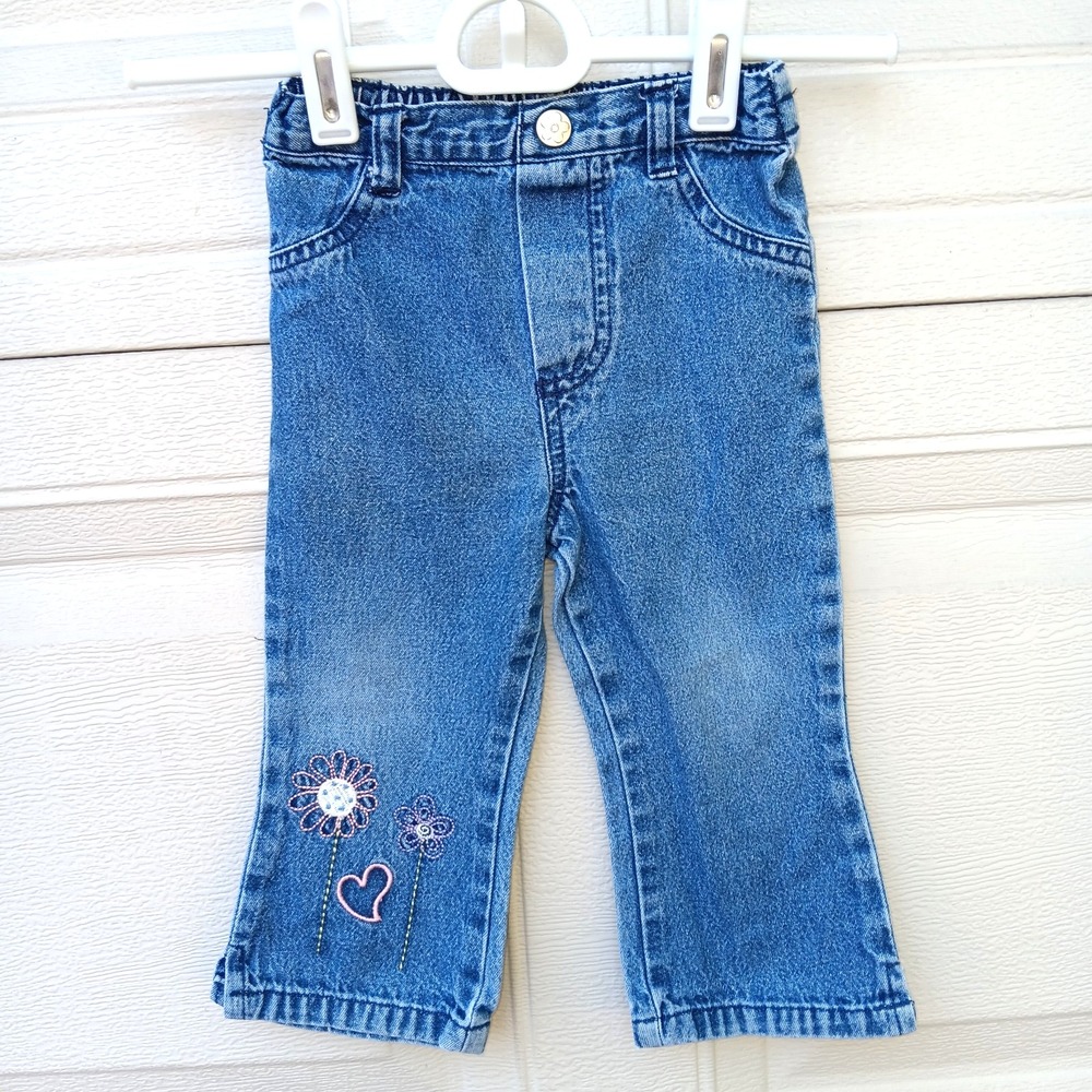 VTG‎ Y2K Just Be Baby Girl Jeans 12M Embroidered Pink Heart Floral Elastic Waist